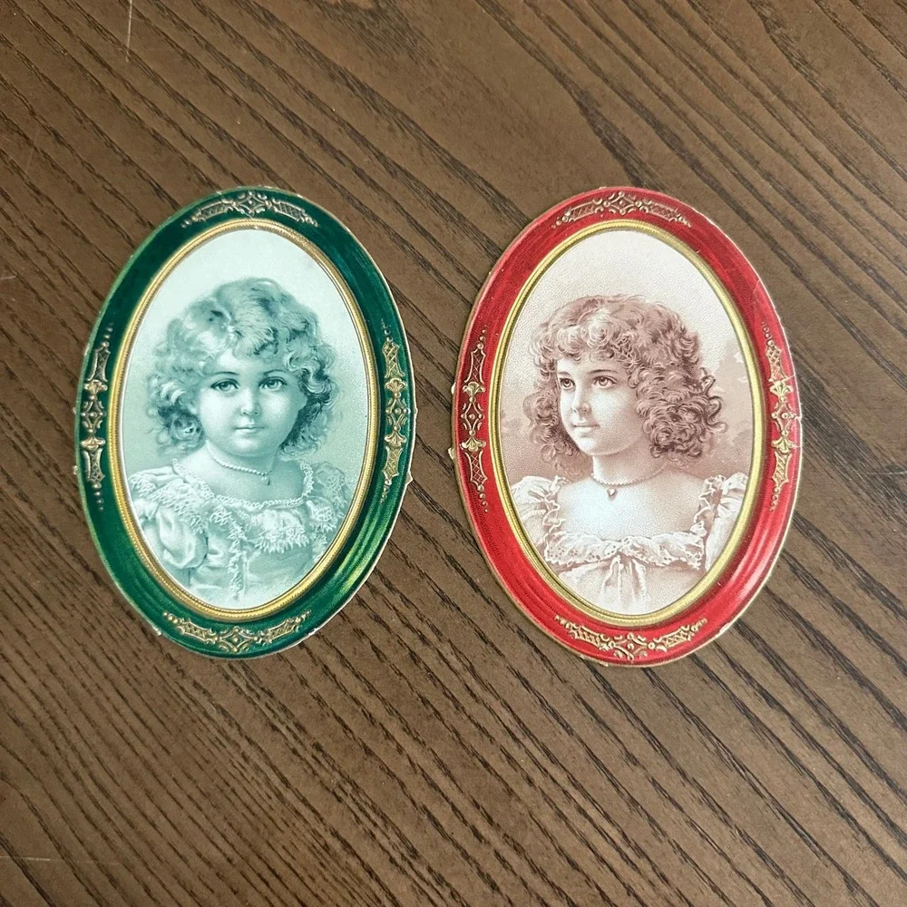 2 Antique Victorian Girl Portraits Paper Ephemera Die Cuts Candy Box Label